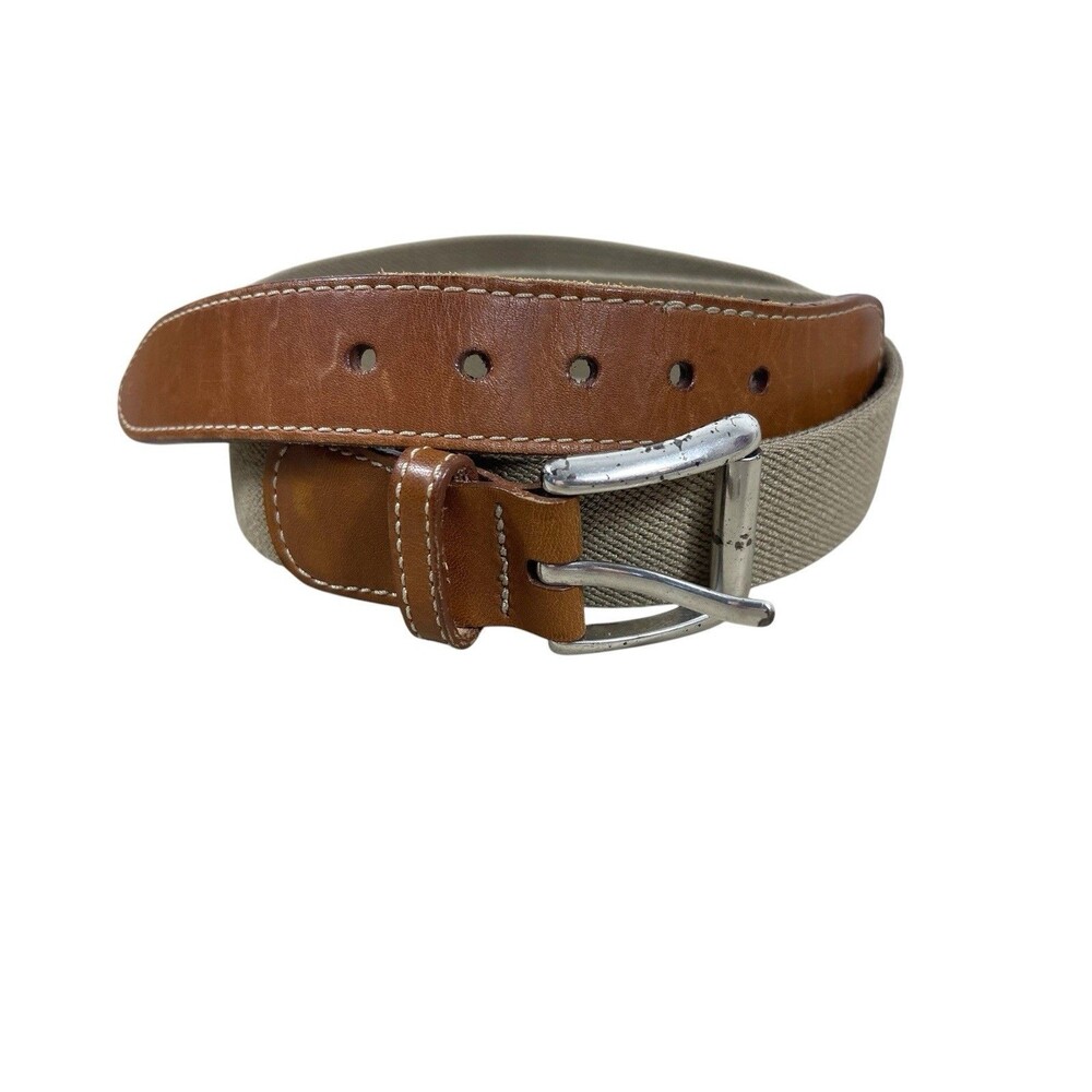 L.L.Bean Mens 38 Stretch Web Belt Khaki Tan Leather Trim USA Made Heritage VTG